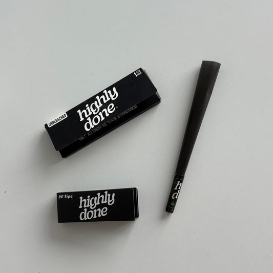 Two black makeup brushes with 'all day' and 'highly done' text on a light gray background
